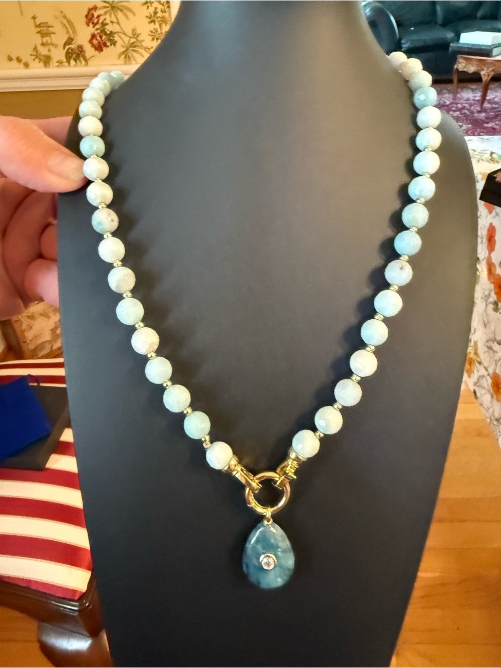 Seafoam Beaded Necklace with Teardrop Stone Pendant